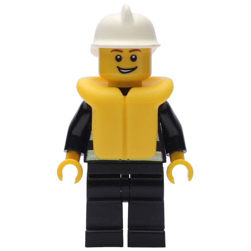 fig-008041 – Fireman, Black Fire Jacket with Reflective Stripes, Radio, and Badge, White Helmet, Yellow Life Vest 2610, Open Mouth