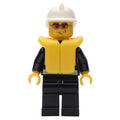 fig-008043 – Fireman, Black Fire Jacket with Reflective Stripes, Radio, and Badge, White Helmet, Yellow Life Vest, Orange Sunglasses