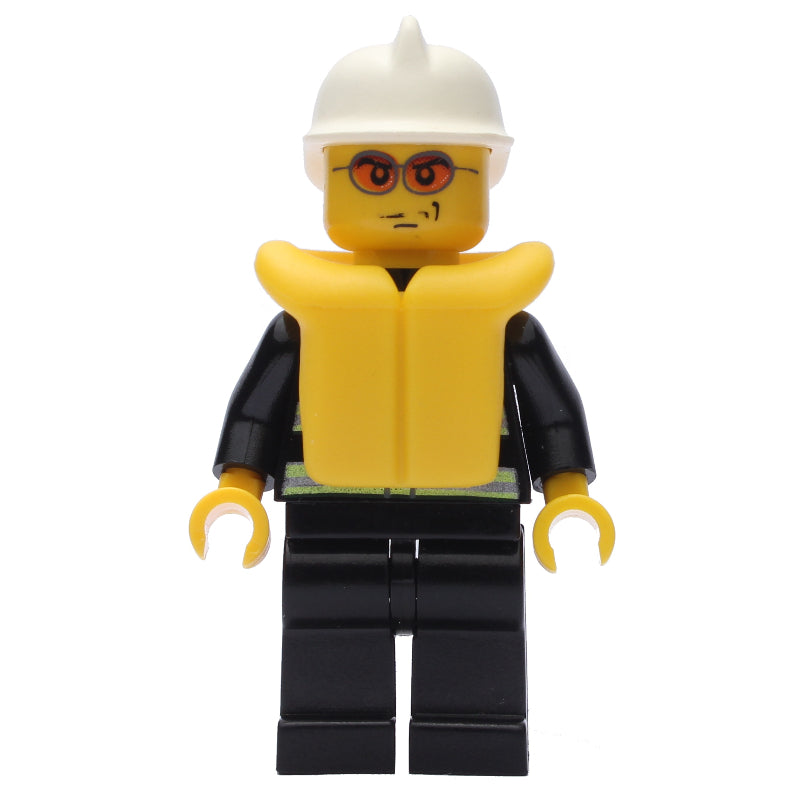 fig-008043 – Fireman, Black Fire Jacket with Reflective Stripes, Radio, and Badge, White Helmet, Yellow Life Vest, Orange Sunglasses