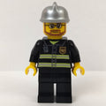 fig-008044 – Fireman, Black Fire Jacket with Reflective Stripes, Radio, and Badge, Silver Helmet, Beard and Glasses