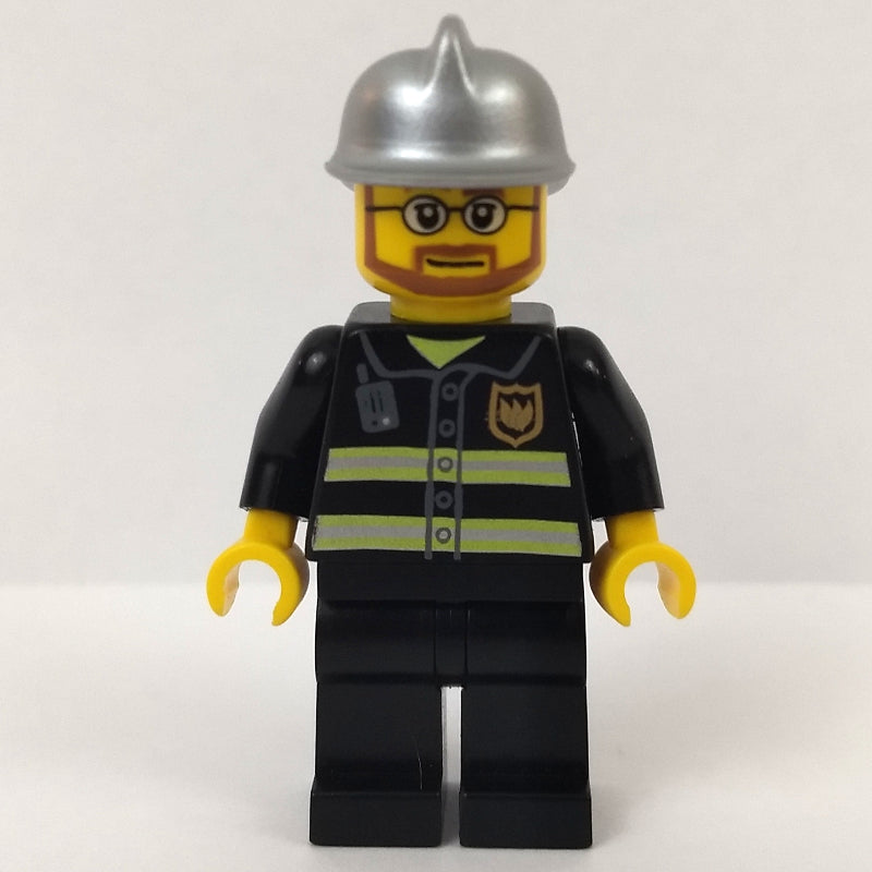 fig-008044 – Fireman, Black Fire Jacket with Reflective Stripes, Radio, and Badge, Silver Helmet, Beard and Glasses