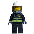 fig-008045 – Fireman, Black Fire Jacket with Reflective Stripes, Radio, and Badge, White Helmet, Breathing Apparatus, Airtanks, Cheek Lines
