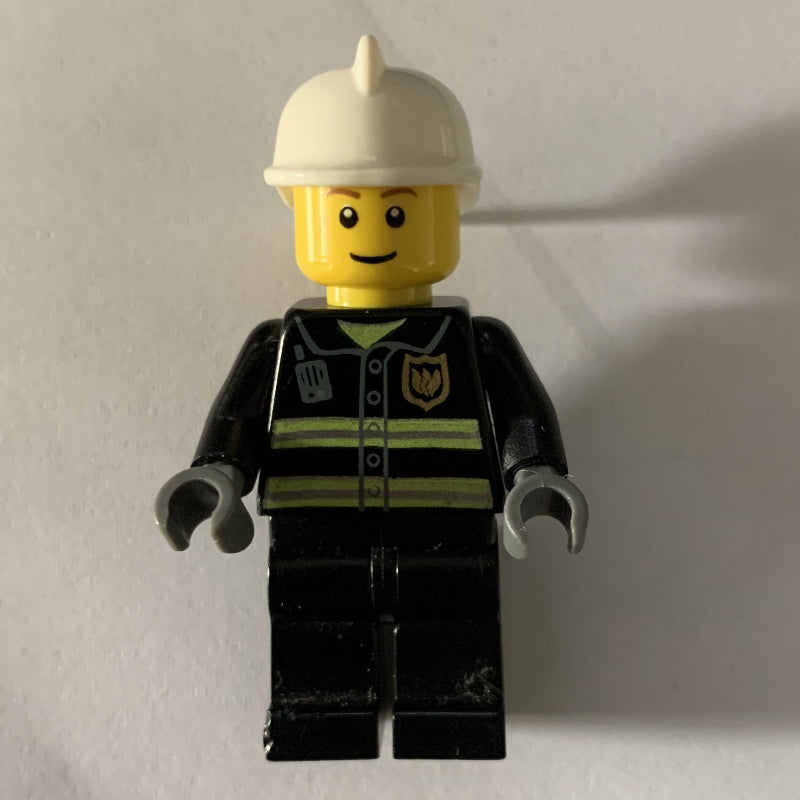 fig-008046 – Fireman, Black Fire Jacket with Reflective Stripes, Radio, and Badge, White Helmet, Brown Eyebrows