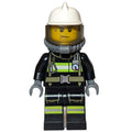 fig-008047 – Fireman, Black Fire Suit with Gauge and Straps, White Helmet, Breathing Apparatus, Airtanks, Sweat Drops