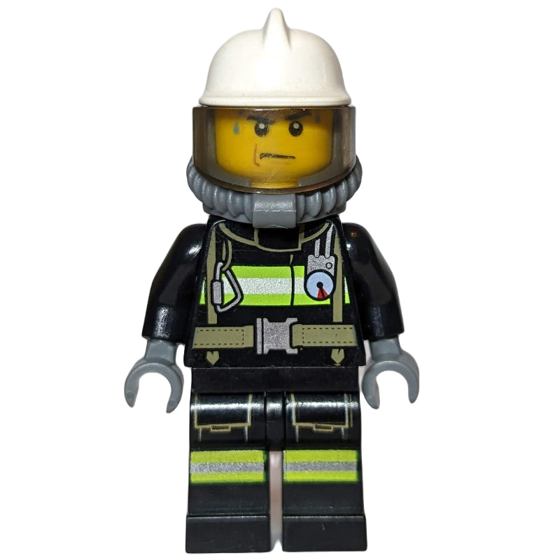 fig-008047 – Fireman, Black Fire Suit with Gauge and Straps, White Helmet, Breathing Apparatus, Airtanks, Sweat Drops