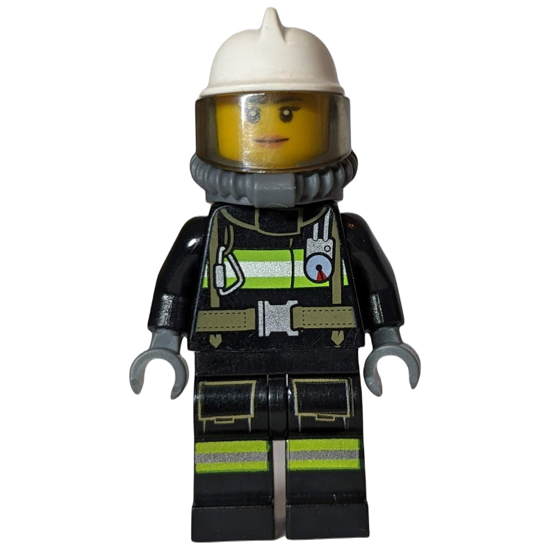 fig-008048 – Firefighter, Female, Black Fire Suit with Gauge and Straps, White Helmet, Breathing Apparatus, Airtanks (3626cpr1580 Head)