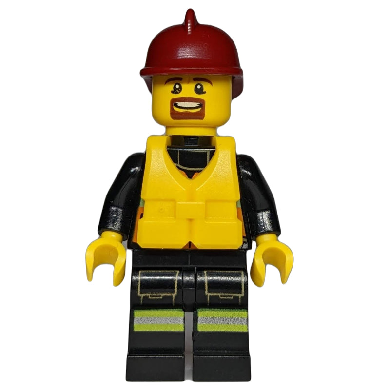 fig-008049 – Fireman, Orange Safety Vest with Radio, Dark Red Helmet, Yellow Life Vest, Goatee Beard