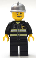 fig-008050 – Fireman, Black Fire Jacket with Reflective Stripes, Radio, and Badge, Silver Helmet
