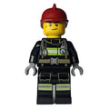 fig-008052 – Fireman, Black Fire Suit with Gauge and Straps, Dark Red Helmet, Stubble and Scar