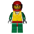 fig-008053 – Racer, White and Green Jacket with Octan Logo, Red Helmet with Trans-Brown Visor, Yellow Life Vest, Stubble