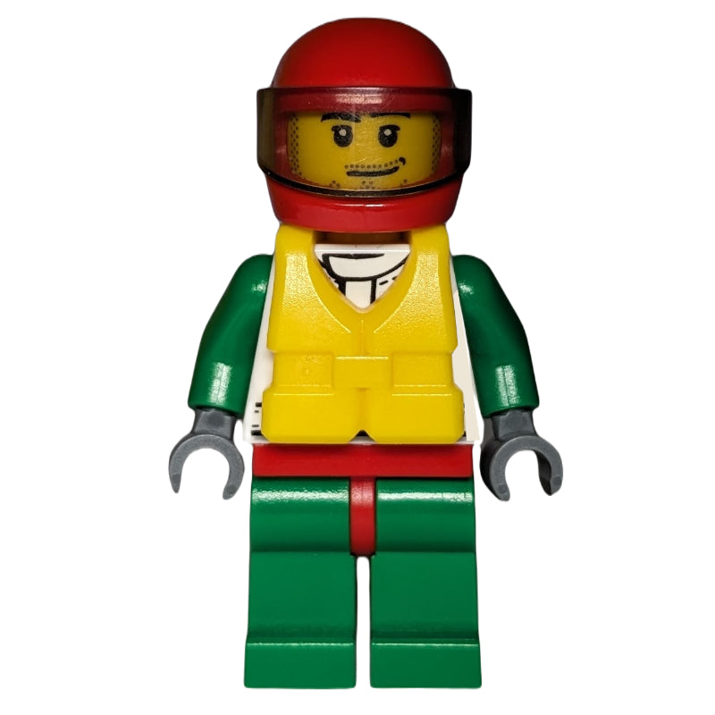 fig-008053 – Racer, White and Green Jacket with Octan Logo, Red Helmet with Trans-Brown Visor, Yellow Life Vest, Stubble
