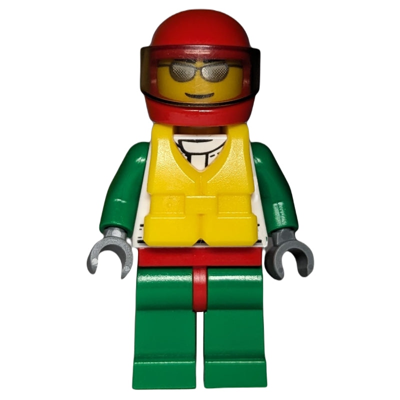 fig-008054 – Racer, White and Green Jacket with Octan Logo, Red Helmet with Trans-Brown Visor, Yellow Life Vest, Silver Sunglasses