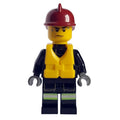 fig-008055 – Fireman, Black Fire Suit with Gauge and Straps, Dark Red Helmet, Yellow Life Vest, Sweat Drops