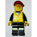 fig-008056 – Fireman, Orange Safety Vest with Radio, Dark Red Cap, Yellow Life Vest, Orange Sunglasses