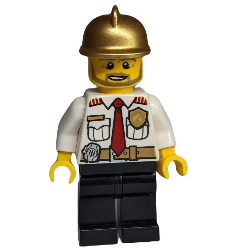 fig-008057 – Fireman, White Shirt with Red Tie, Badge, and Radio on Belt, Gold Helmet, Beard