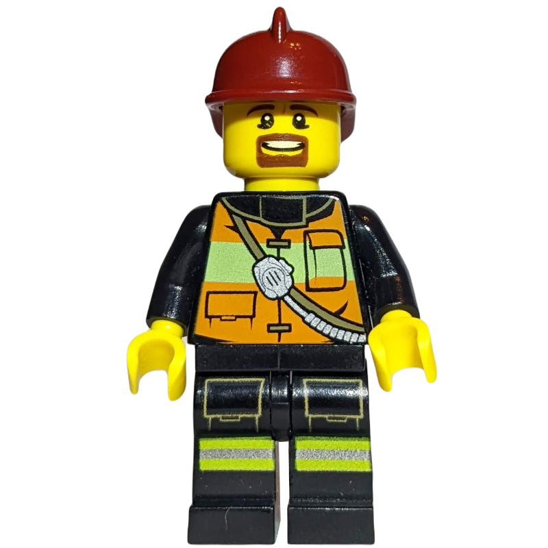fig-008058 – Fireman, Orange Safety Vest with Radio, Dark Red Helmet, Goatee Beard