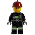fig-008059 – Fireman, Black Fire Suit with Gauge and Straps, Dark Red Helmet, Sweat Drops