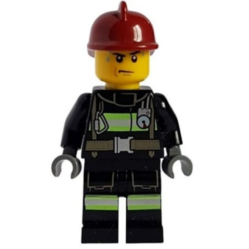 fig-008059 – Fireman, Black Fire Suit with Gauge and Straps, Dark Red Helmet, Sweat Drops