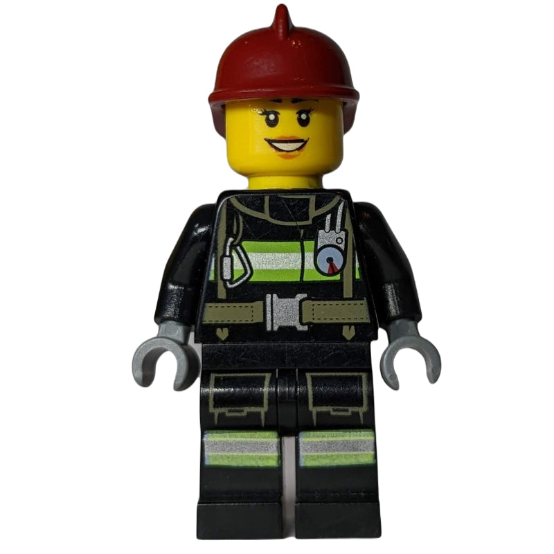 fig-008060 – Firewoman, Black Fire Suit with Gauge and Straps, Dark Red Helmet