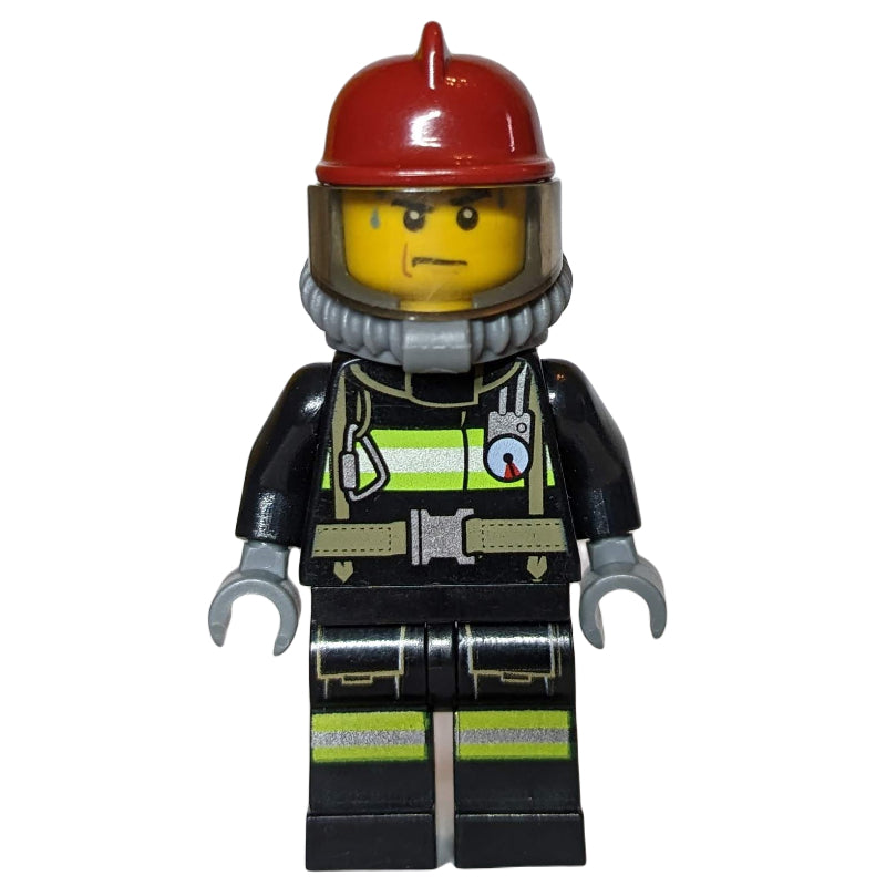 fig-008061 – Fireman, Black Fire Suit with Gauge and Straps, Dark Red Helmet, Breathing Apparatus, Airtanks, Sweat Drops