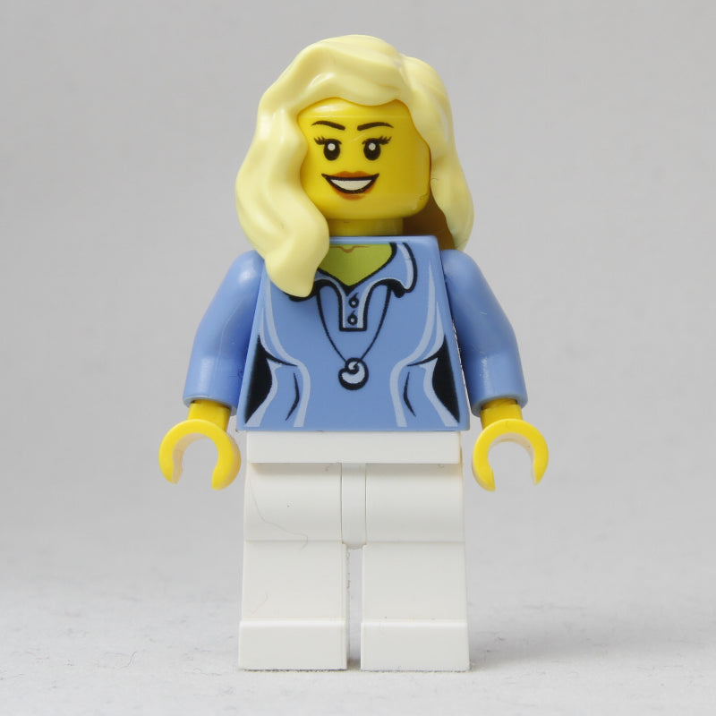 fig-008062 – Woman, Medium Blue Polo Shirt with Necklace, White Legs, Light Bright Yellow Hair