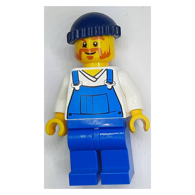 fig-008064 – Man, Blue Overalls over Shirt, Blue Legs, Dark Blue Hat, Beard
