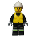 fig-008067 – Firewoman, Safety Vest with Flashlight, Pocket, and Belt, White Helmet, Yellow Life Vest