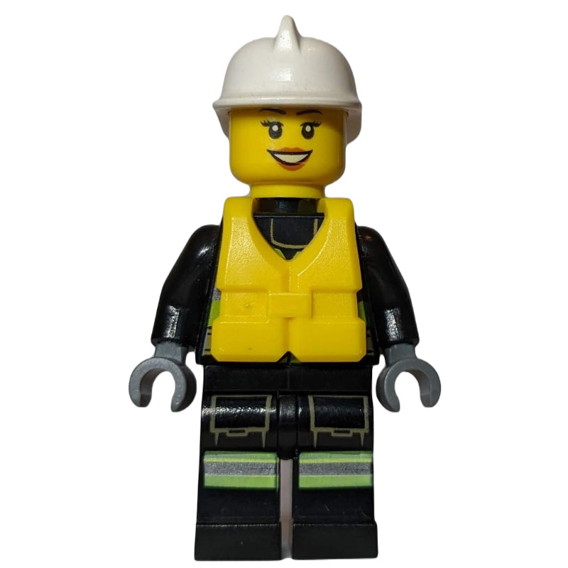 fig-008067 – Firewoman, Safety Vest with Flashlight, Pocket, and Belt, White Helmet, Yellow Life Vest