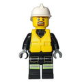 fig-008068 – Fireman, Safety Vest with Flashlight, Pocket, and Belt, White Helmet, Yellow Life Vest, Goatee Beard