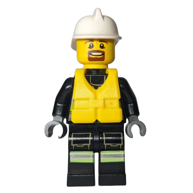 fig-008068 – Fireman, Safety Vest with Flashlight, Pocket, and Belt, White Helmet, Yellow Life Vest, Goatee Beard