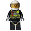 fig-008069 – Firewoman, Safety Vest with Flashlight, Pocket, and Belt, Black Legs with Straps, White Helmet with Visor