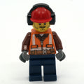 fig-008071 – Construction Worker, Orange Safety Vest with Zipper and Pockets, Red Hard Hat with Ear Defenders, Stubble