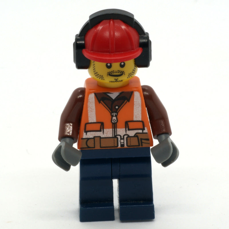 fig-008071 – Construction Worker, Orange Safety Vest with Zipper and Pockets, Red Hard Hat with Ear Defenders, Stubble