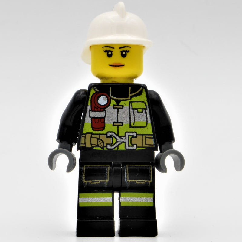 fig-008072 – Firewoman, Black Fire Suit with Gauge and Straps, White Helmet