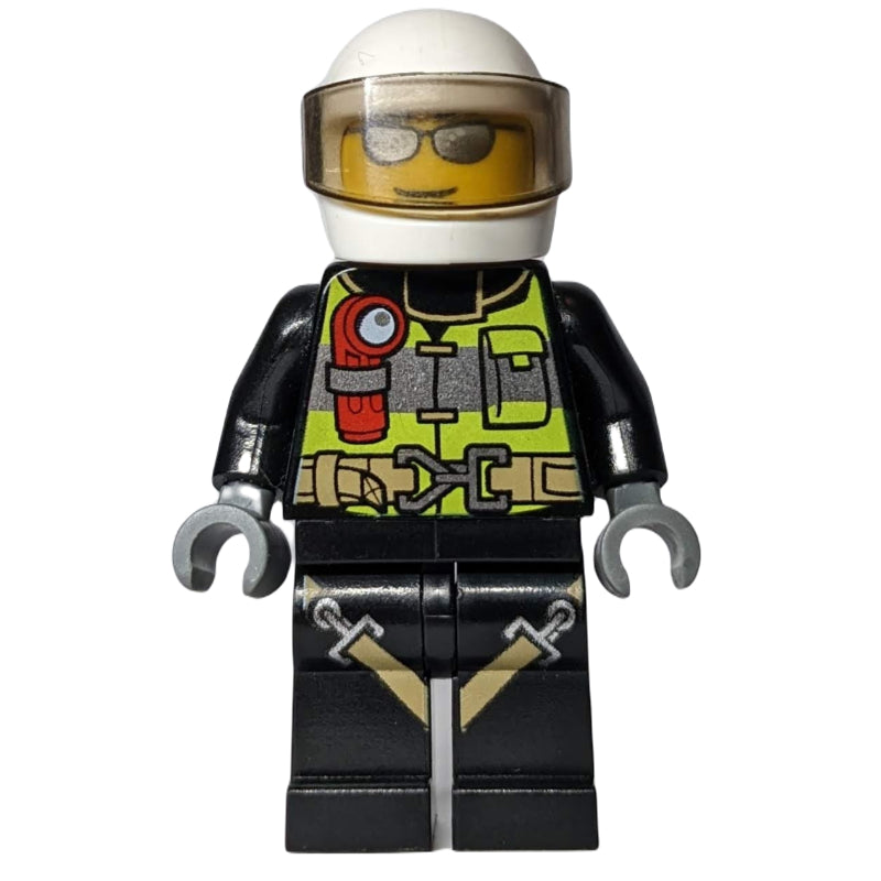 fig-008074 – Fireman, Safety Vest with Flashlight, Pocket, and Belt, Black Legs with Straps, White Helmet with Visor, Silver Sunglasses