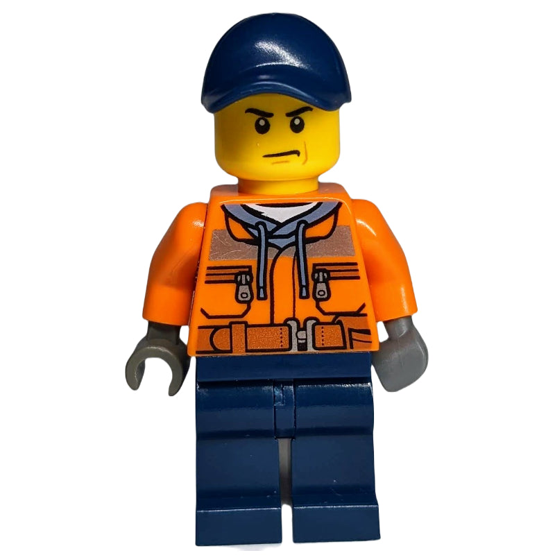 fig-008075 – Construction Worker, Orange Jacket with Zipper and Reflective Stripes, Dark Blue Legs, Dark Blue Cap