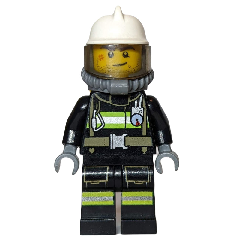 fig-008076 – Fireman, Black Fire Suit with Gauge and Straps, White Helmet, Breathing Apparatus, Airtanks, Stubble and Scar