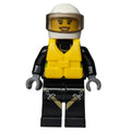 fig-008077 – Firewoman, Safety Vest with Flashlight, Pocket, and Belt, Black Legs with Straps, White Helmet with Visor, Yellow Life Vest