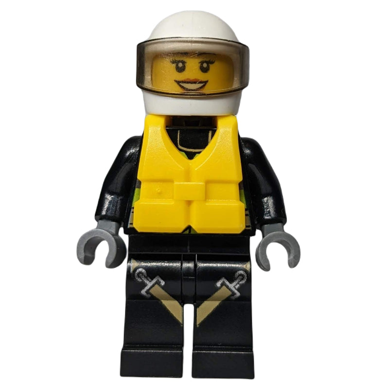 fig-008077 – Firewoman, Safety Vest with Flashlight, Pocket, and Belt, Black Legs with Straps, White Helmet with Visor, Yellow Life Vest