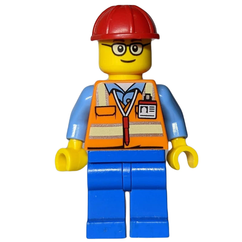 fig-008078 – Construction Worker, Orange Safety Vest with Pen and ID Badge, Red Hard Hat, Glasses