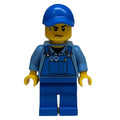 fig-008079 – Man, Blue Overalls over Shirt, Blue Legs, Black Cap, Sweat Drops