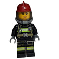 fig-008080 – Firewoman, Black Fire Suit with Gauge and Straps, Dark Red Helmet, Breathing Apparatus, Airtanks