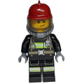 fig-008081 – Fireman, Black Fire Suit with Gauge and Straps, Dark Red Helmet, Breathing Apparatus, Airtanks, Stubble and Scar