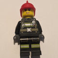 fig-008083 – Firewoman, Black Fire Suit with Gauge and Straps, Red Helmet