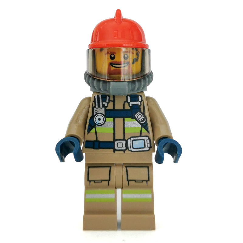 fig-008084 – Fireman, Dark Tan Fire Suit with Gauge and Straps, Red Helmet, Breathing Apparatus, Airtanks, Goatee Beard