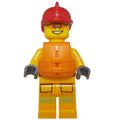 fig-008085 – Fireman, Bright Light Orange Fire Suit, Red Helmet, Orange Life Vest, Orange Sunglasses