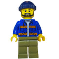 fig-008086 – Worker, Blue Shirt with Orange Stripes and Pockets, Olive Green Legs, Dark Blue Hat, Beard