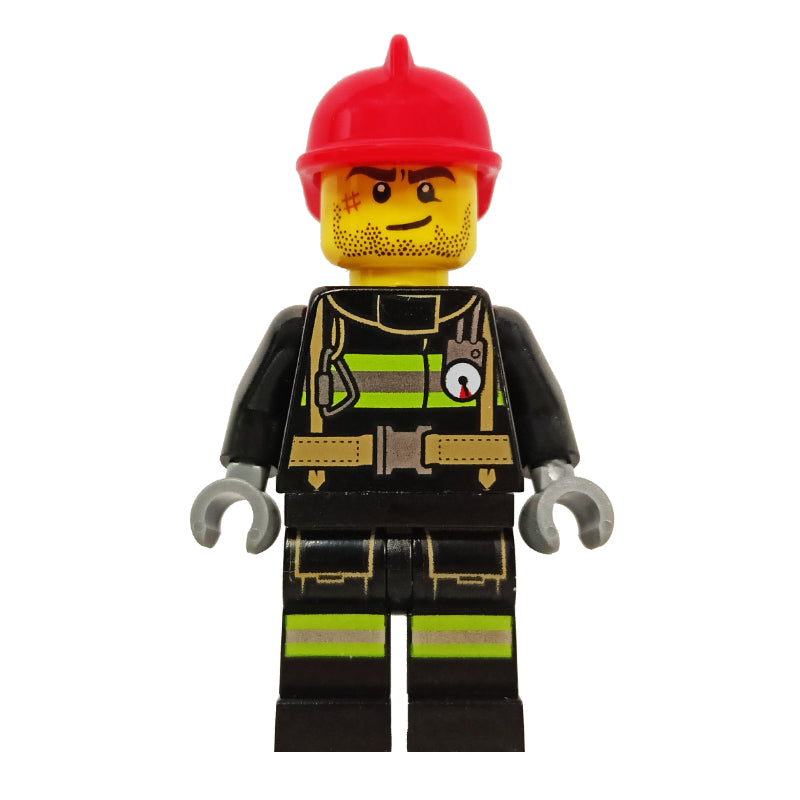 fig-008087 – Fireman, Black Fire Suit with Gauge and Straps, Red Helmet, Stubble and Scar