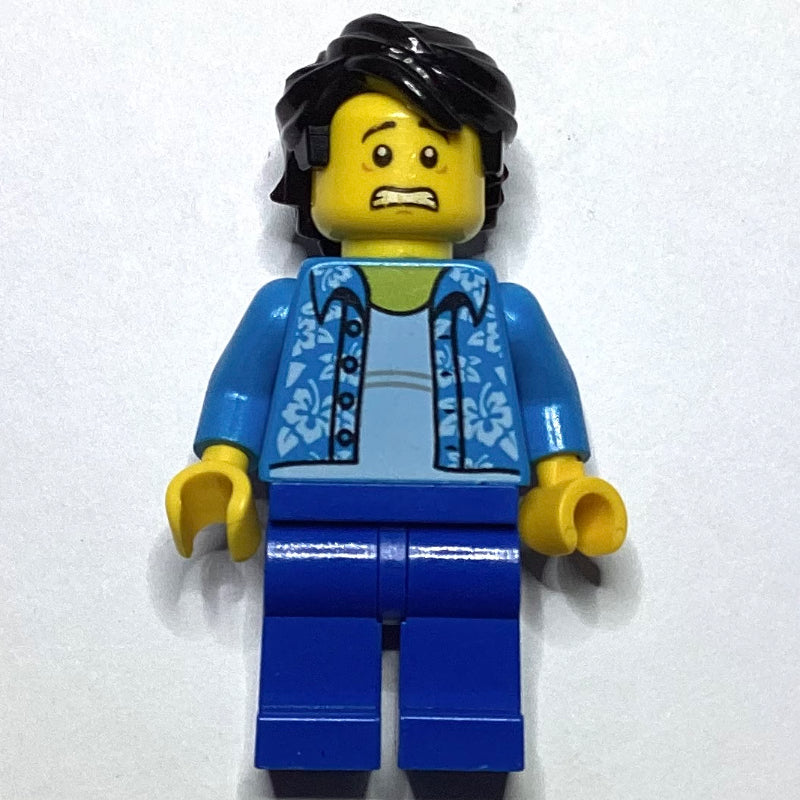 fig-008088 – Man, Open Dark Azure Hawaiian Shirt, Blue Legs, Black Hair