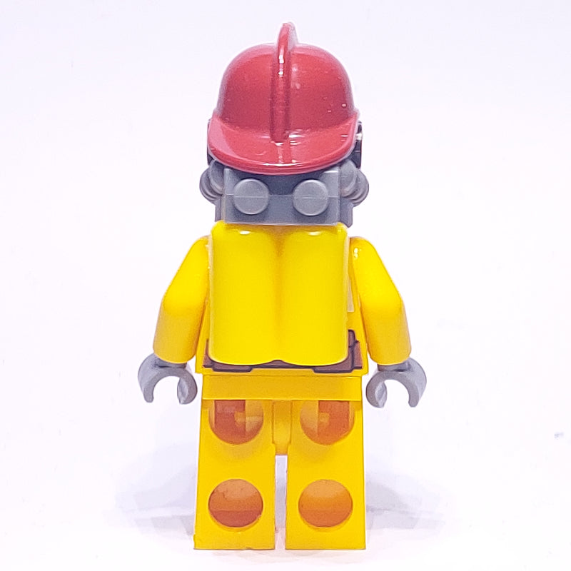 fig-008089 – Fireman, Bright Light Orange Fire Suit, Dark Red Helmet, Breathing Apparatus, Airtanks